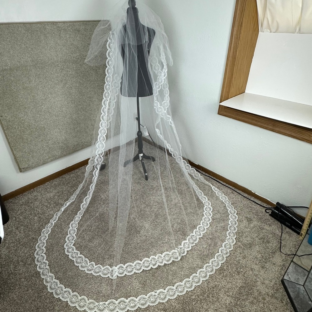 White Cathedral Length Wedding Veil Two Tier Lace Edge Floral Tulle Bridal Veil